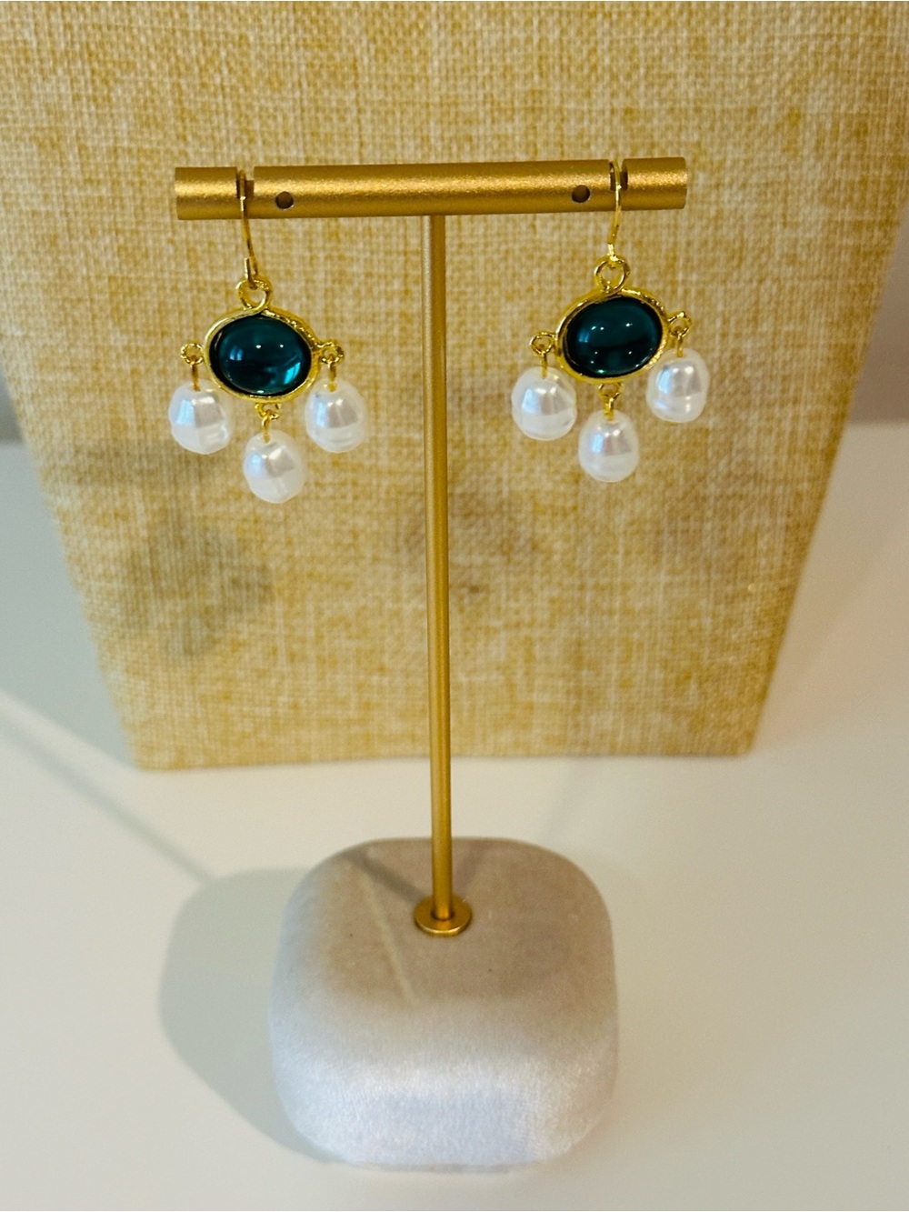Fashion Jewelry Gold-Tone Earrings with Teal Cabochons and Pearl Drops